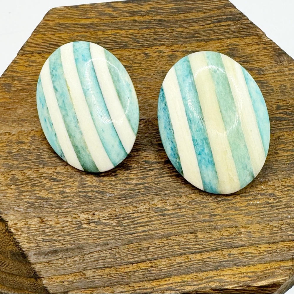 Vintage dyed blue bone striped oval button earrings